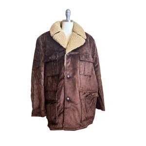 Vintage Towncraft Sherpa Lined Brown Faux Suede Coat Jacket Mens L
